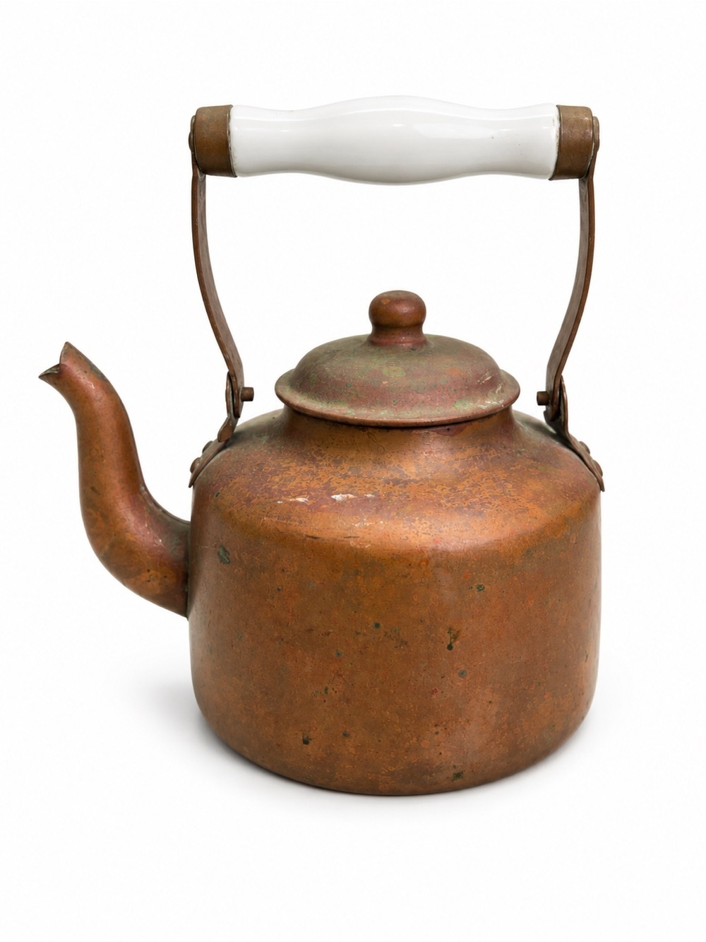 Rare Vintage Cobre Copper Tea Kettle White Porcelain Handle Made in Chile Rare